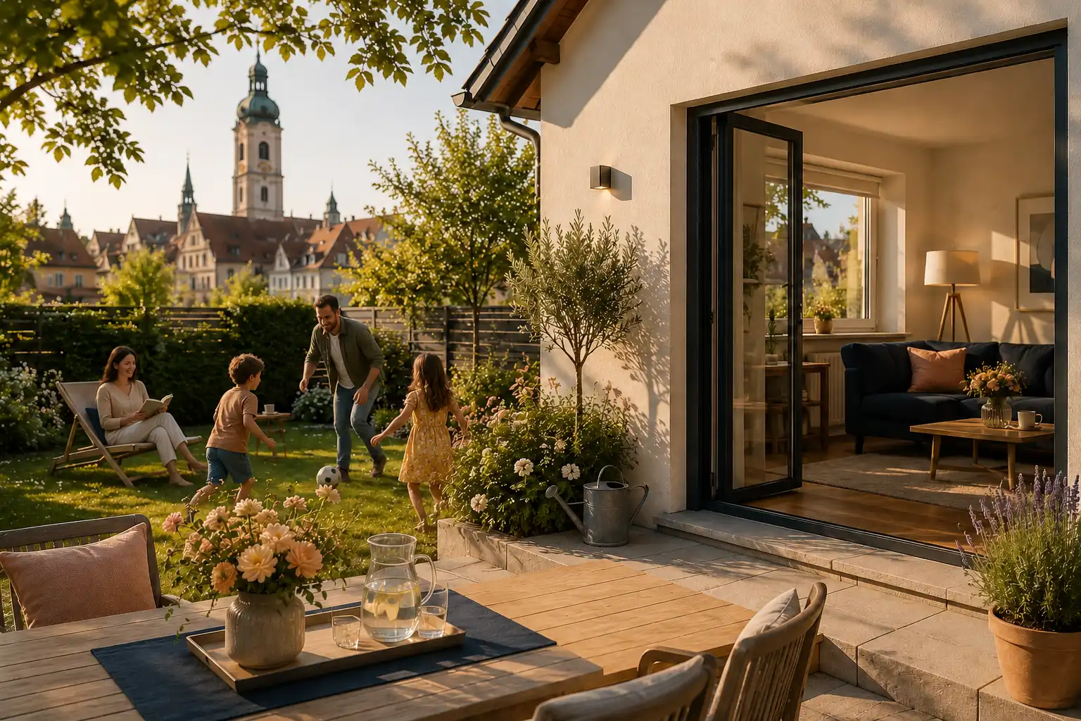 Family enjoying a garden afternoon with Augsburg's skyline in the background